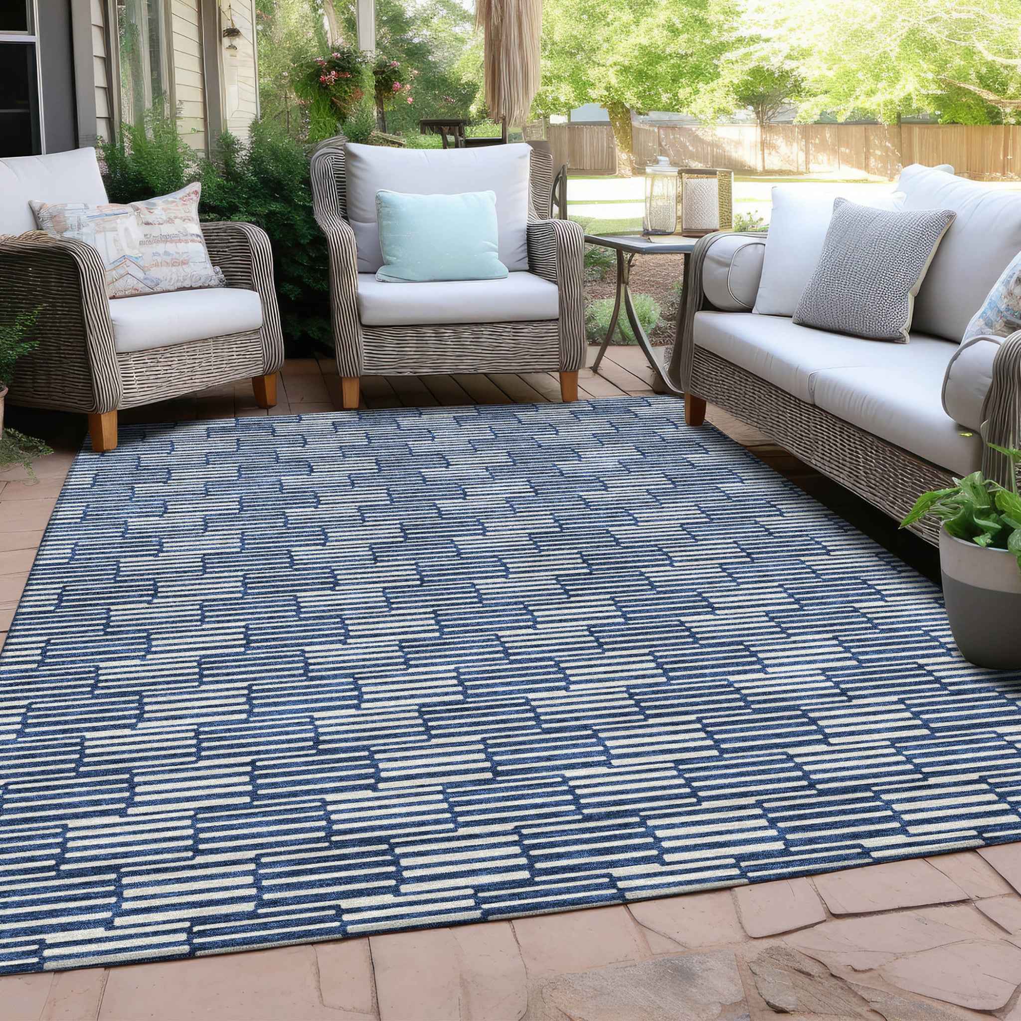 9' X 12' Navy Blue And Ivory Geometric Washable Indoor Outdoor Area Rug