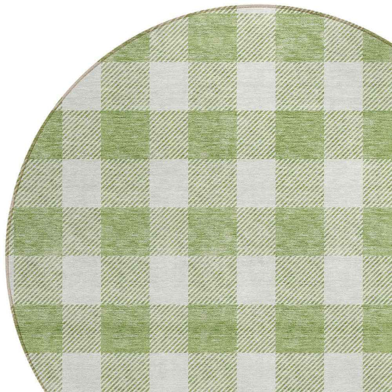 8' Artichoke Green And Gray Round Plaid Washable Indoor Outdoor Area Rug