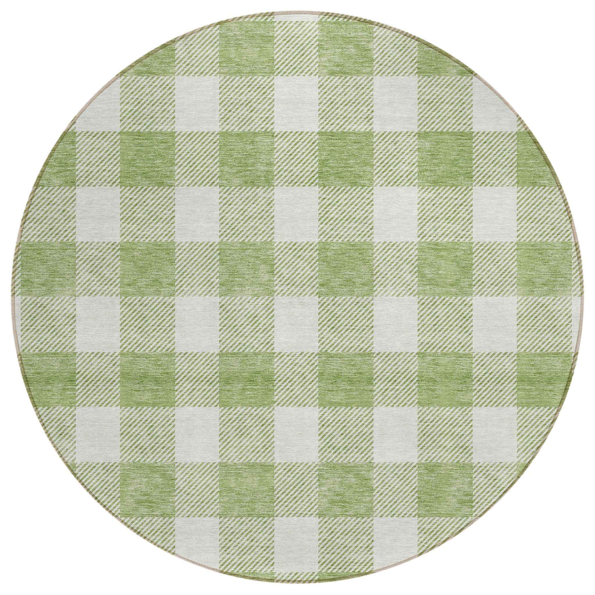 8' Artichoke Green And Gray Round Plaid Washable Indoor Outdoor Area Rug