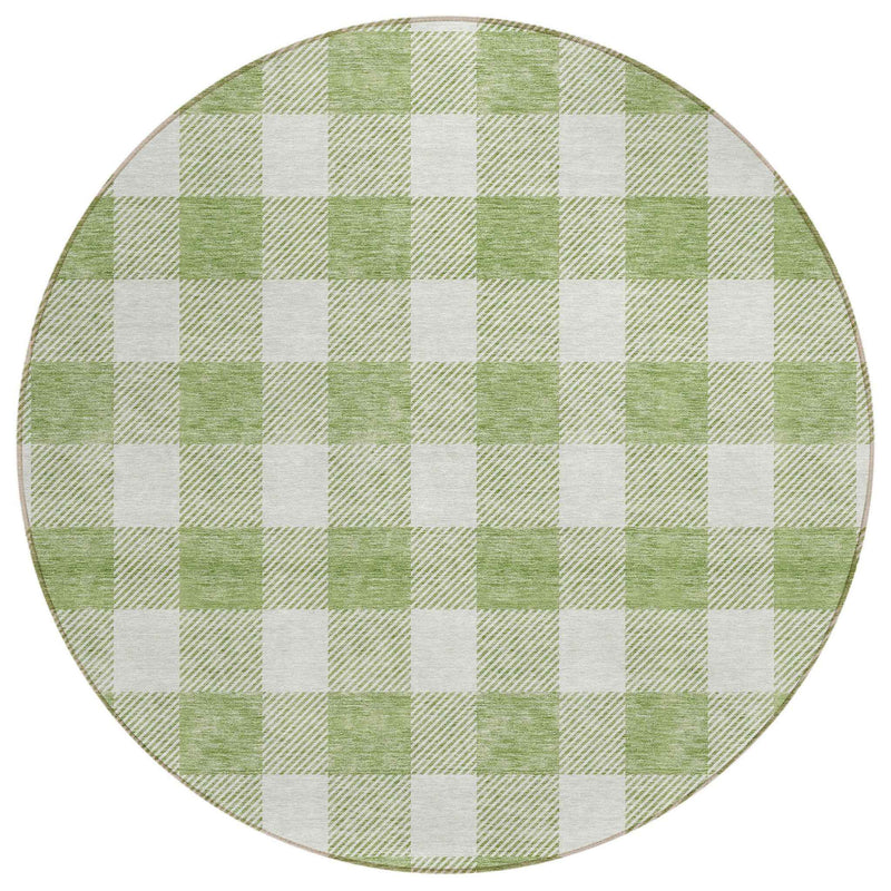 8' Artichoke Green And Gray Round Plaid Washable Indoor Outdoor Area Rug