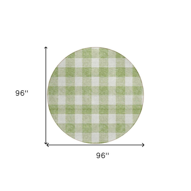 8' Artichoke Green And Gray Round Plaid Washable Indoor Outdoor Area Rug