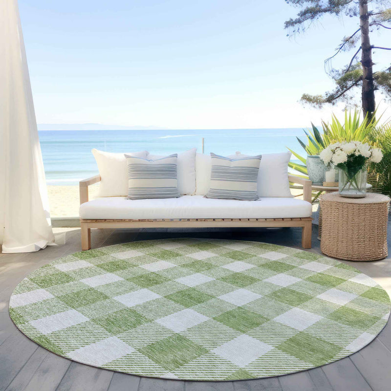 8' Artichoke Green And Gray Round Plaid Washable Indoor Outdoor Area Rug