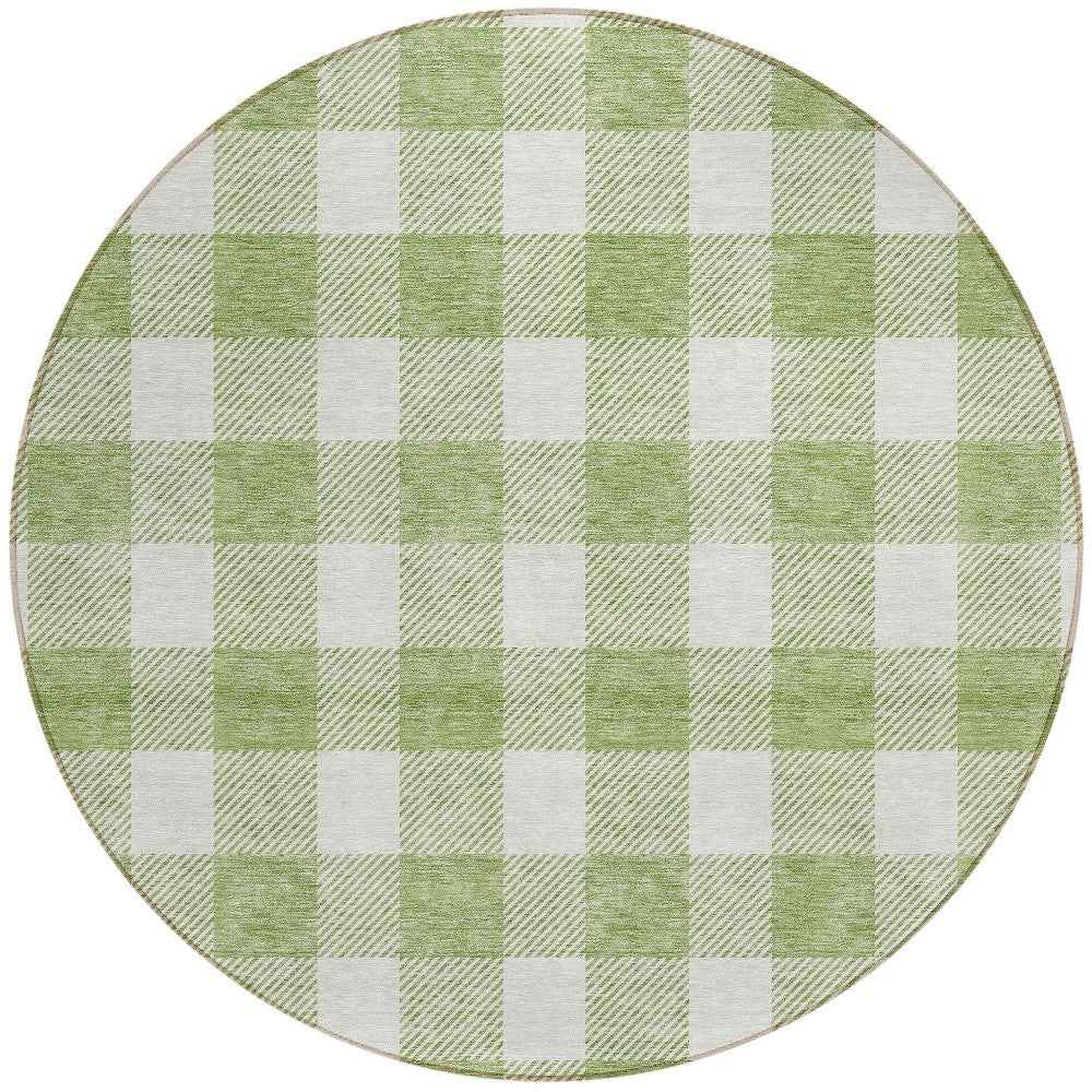 8' Artichoke Green And Gray Round Plaid Washable Indoor Outdoor Area Rug