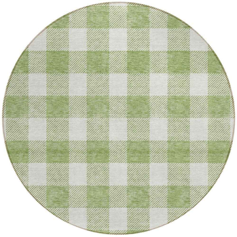 8' Artichoke Green And Gray Round Plaid Washable Indoor Outdoor Area Rug