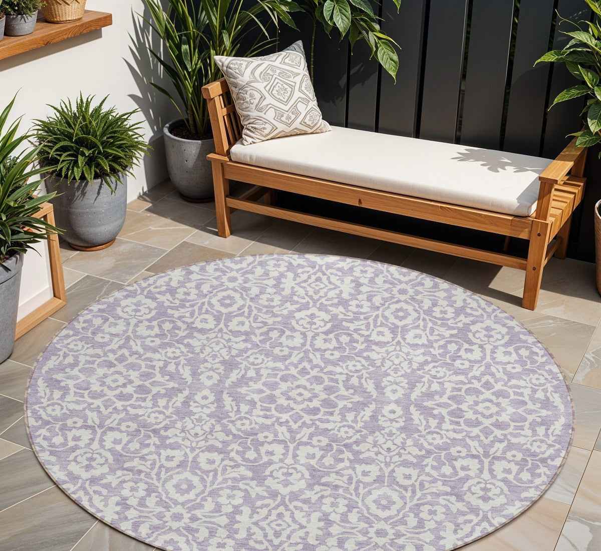 8' Lavender And Ivory Round Damask Washable Indoor Outdoor Area Rug