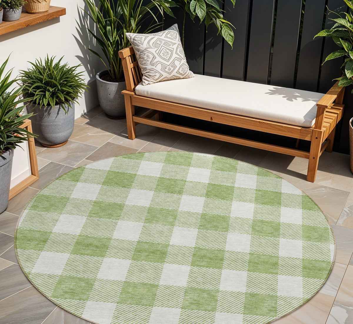 8' Artichoke Green And Gray Round Plaid Washable Indoor Outdoor Area Rug