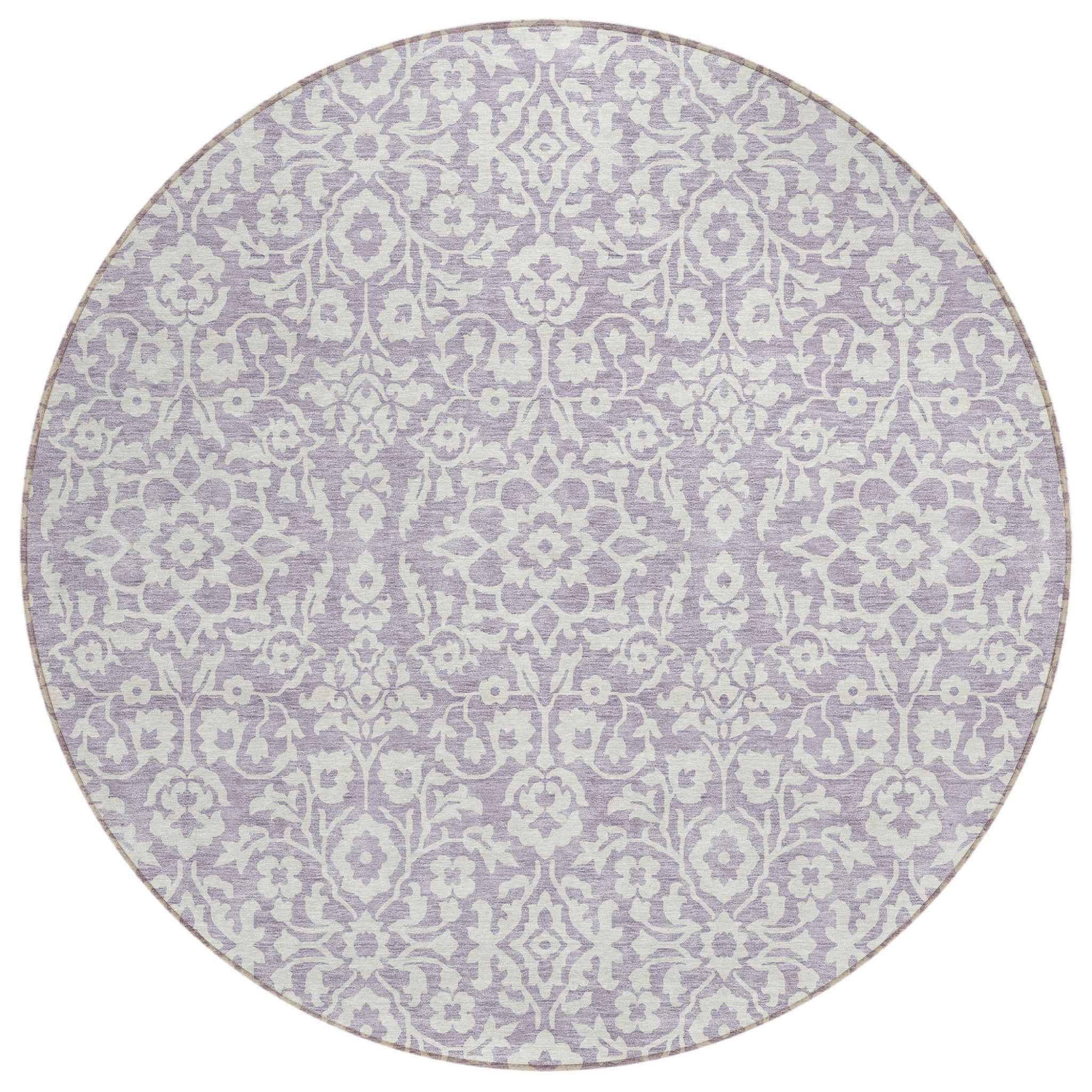 8' Lavender And Ivory Round Damask Washable Indoor Outdoor Area Rug