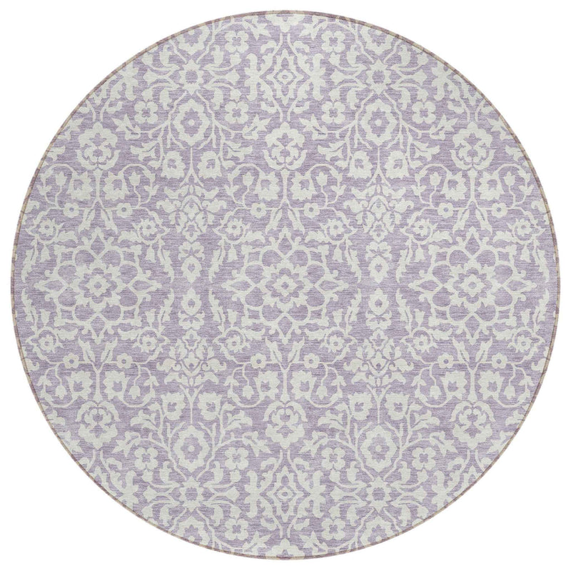 8' Lavender And Ivory Round Damask Washable Indoor Outdoor Area Rug