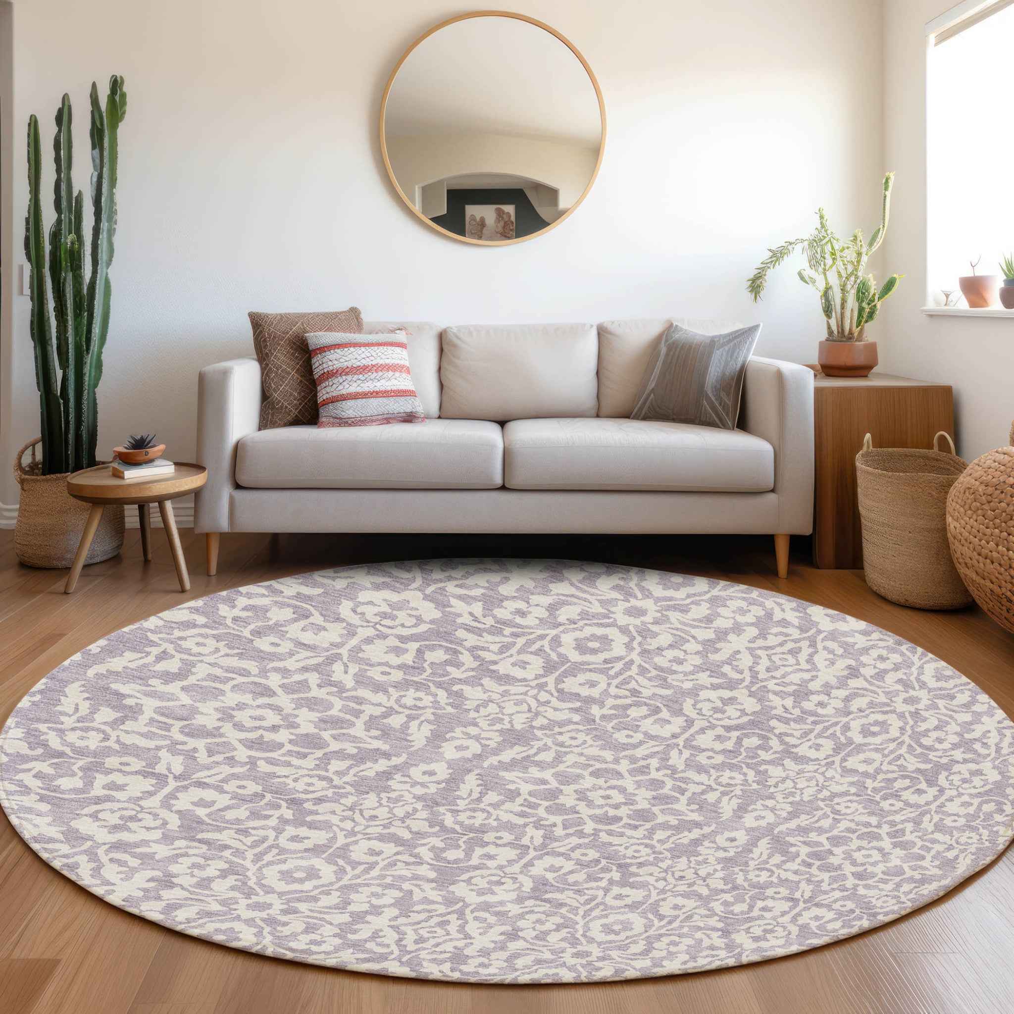 8' Lavender And Ivory Round Damask Washable Indoor Outdoor Area Rug