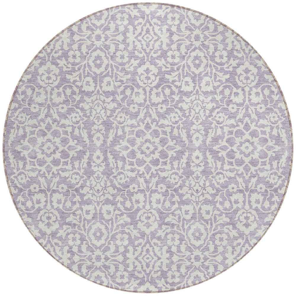 8' Lavender And Ivory Round Damask Washable Indoor Outdoor Area Rug