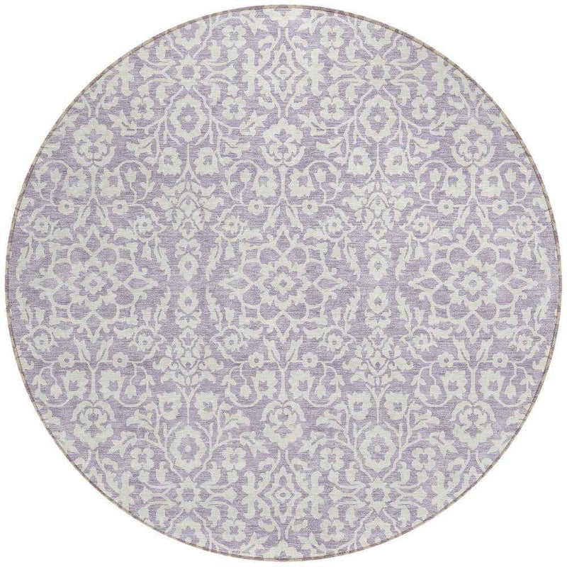 8' Lavender And Ivory Round Damask Washable Indoor Outdoor Area Rug