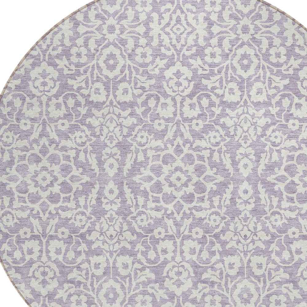 8' Lavender And Ivory Round Damask Washable Indoor Outdoor Area Rug