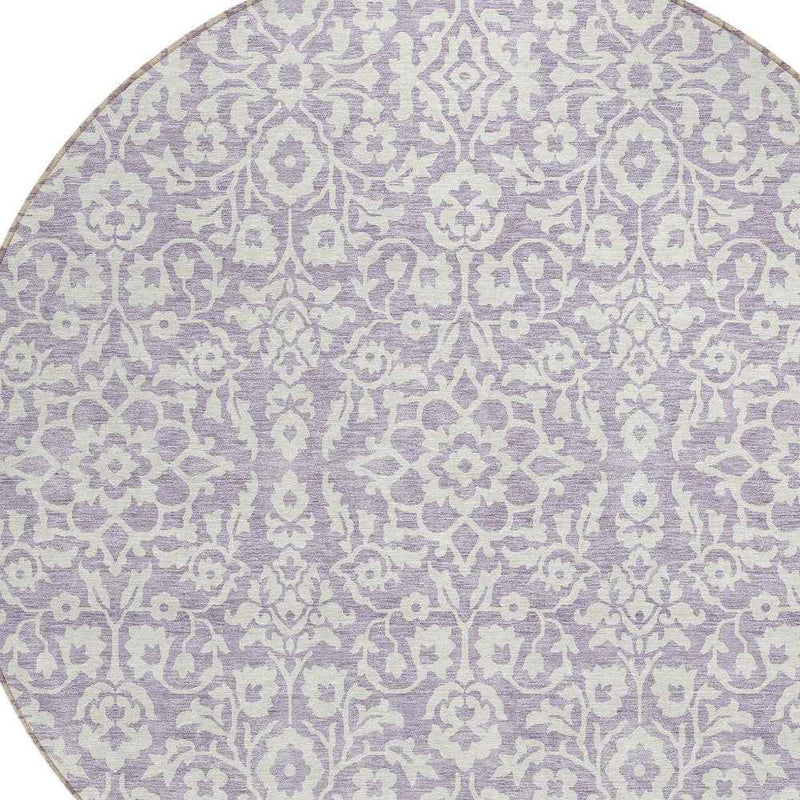8' Lavender And Ivory Round Damask Washable Indoor Outdoor Area Rug