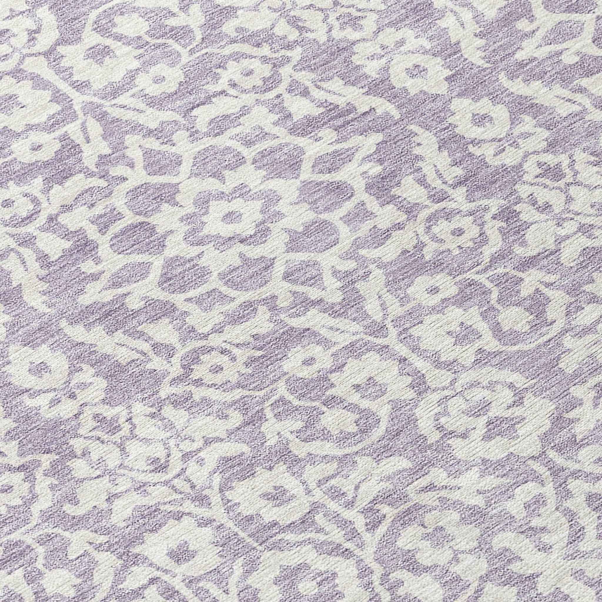 8' Lavender And Ivory Round Damask Washable Indoor Outdoor Area Rug