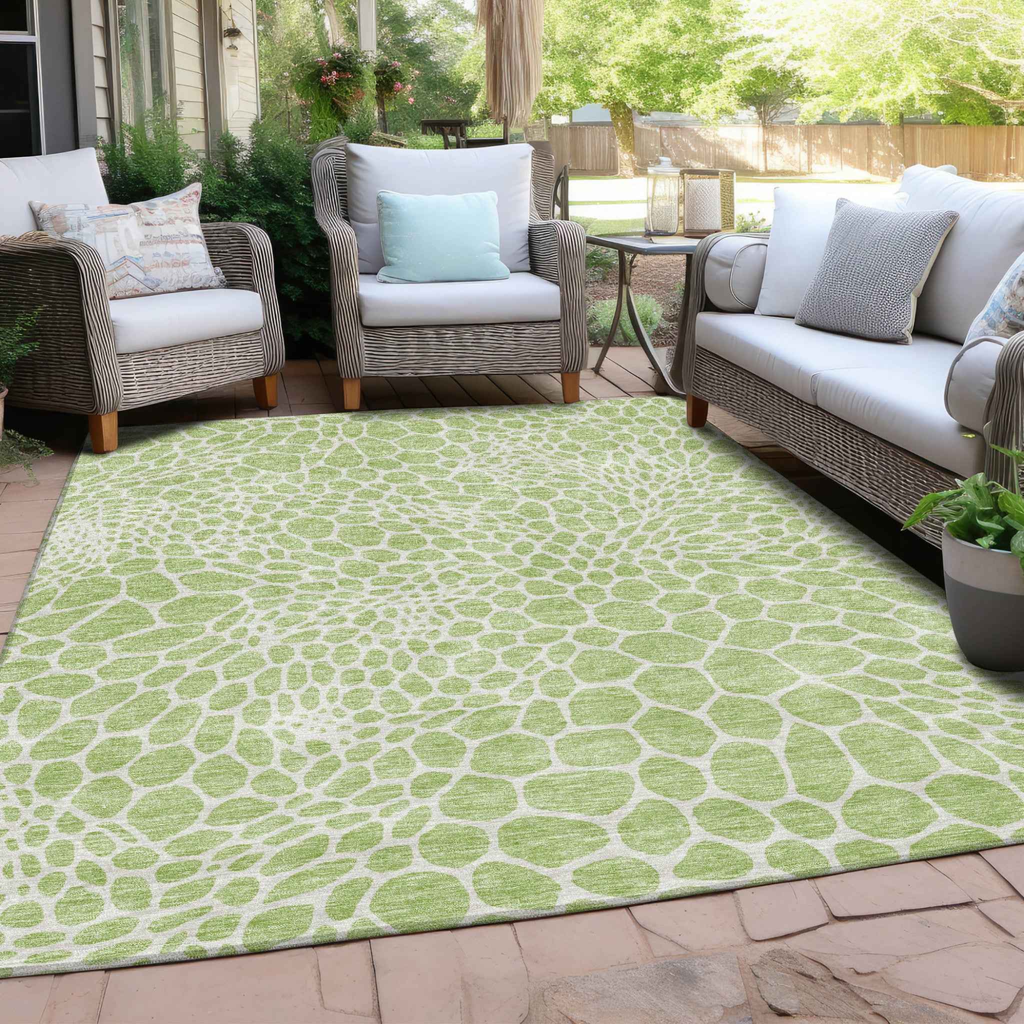 9' X 12' Artichoke Green And Ivory Geometric Washable Indoor Outdoor Area Rug