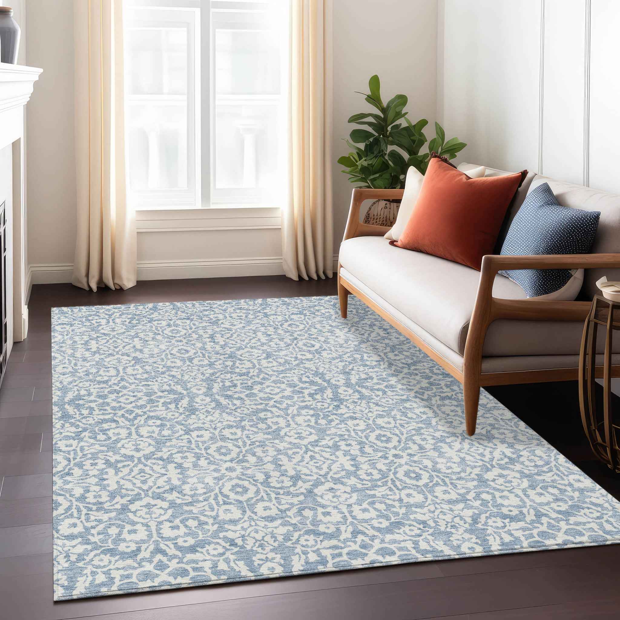 9' X 12' Denim Blue And Ivory Damask Washable Indoor Outdoor Area Rug