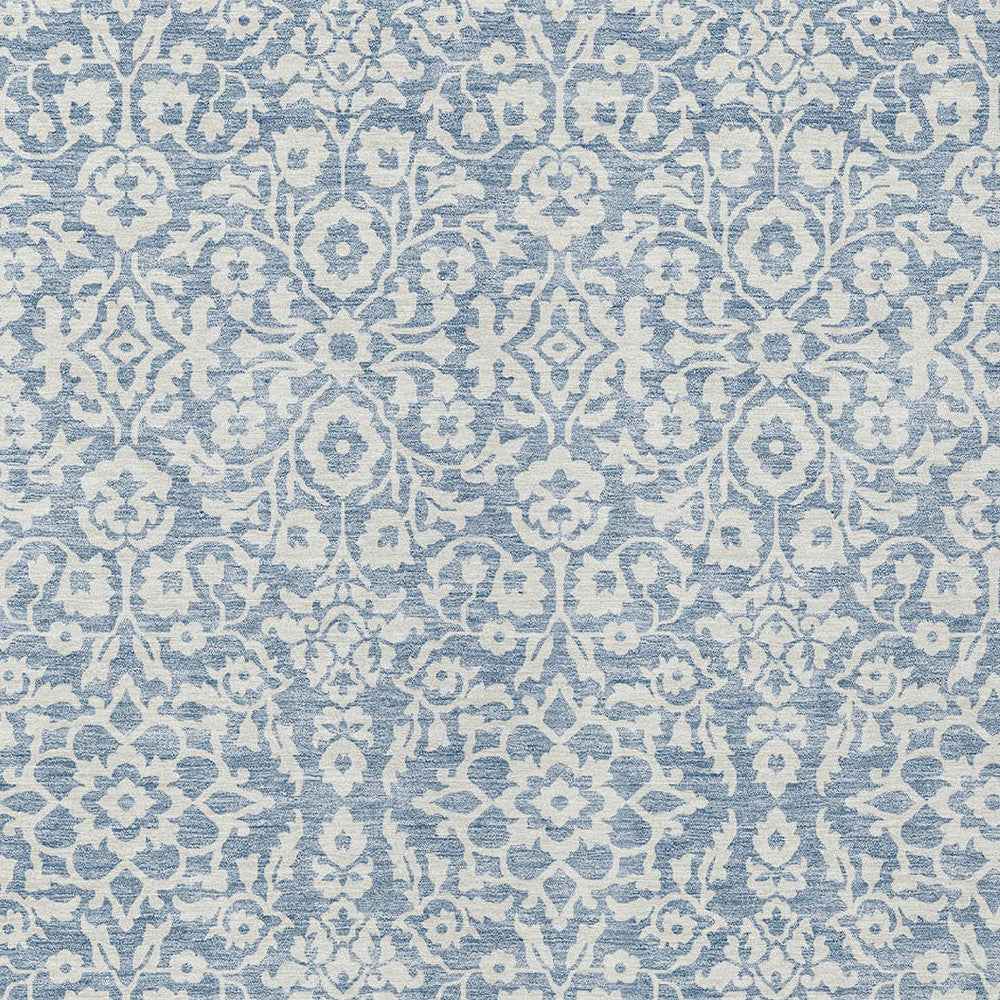 9' X 12' Denim Blue And Ivory Damask Washable Indoor Outdoor Area Rug