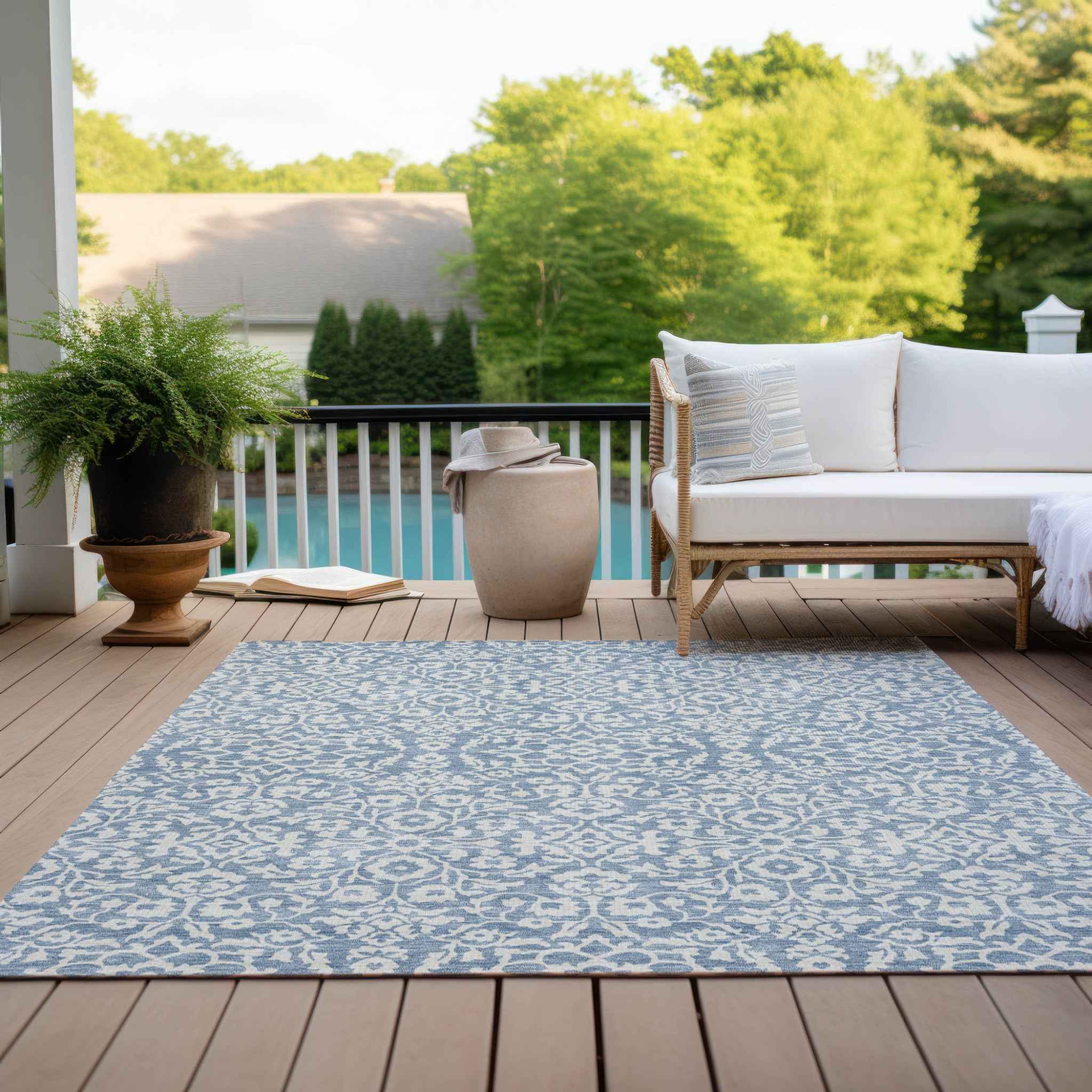 9' X 12' Denim Blue And Ivory Damask Washable Indoor Outdoor Area Rug