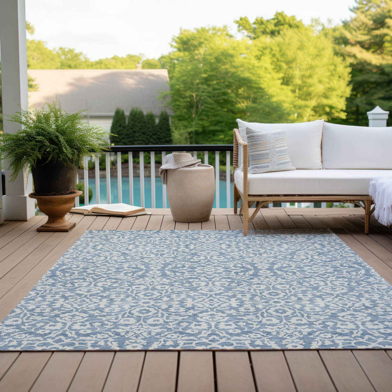 9' X 12' Denim Blue And Ivory Damask Washable Indoor Outdoor Area Rug