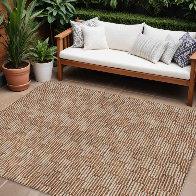 10' X 14' Copper And Beige Geometric Washable Indoor Outdoor Area Rug