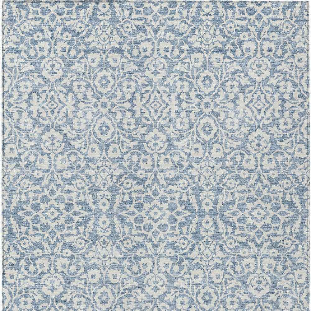 9' X 12' Denim Blue And Ivory Damask Washable Indoor Outdoor Area Rug