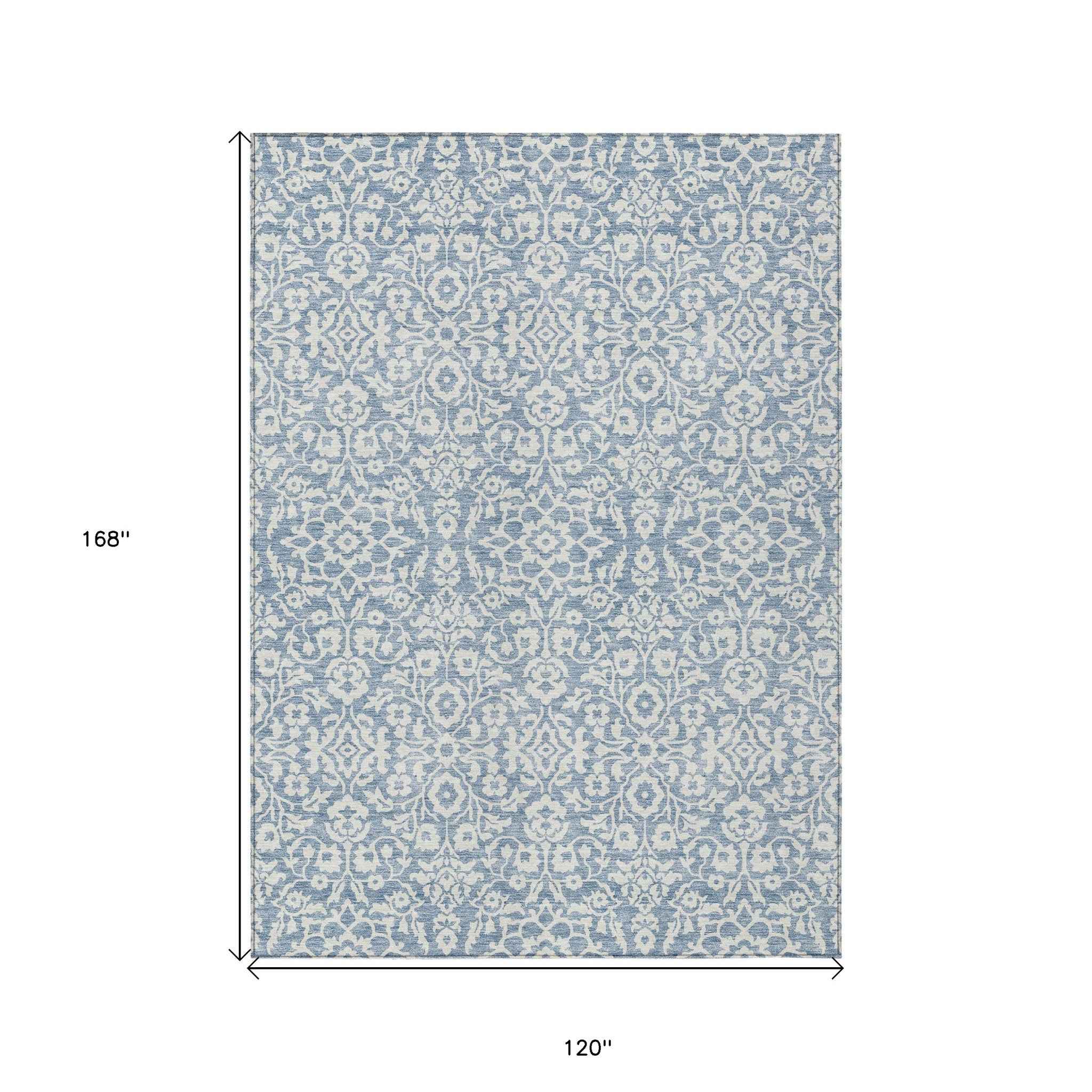 10' X 14' Denim Blue And Ivory Damask Washable Indoor Outdoor Area Rug