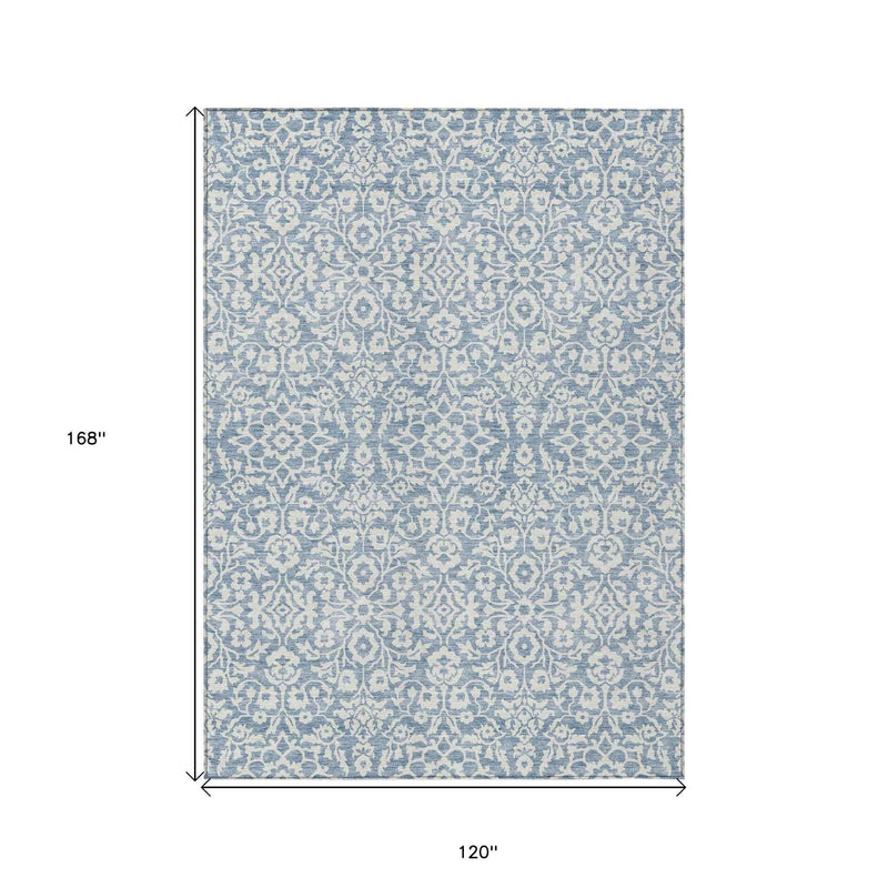 10' X 14' Denim Blue And Ivory Damask Washable Indoor Outdoor Area Rug