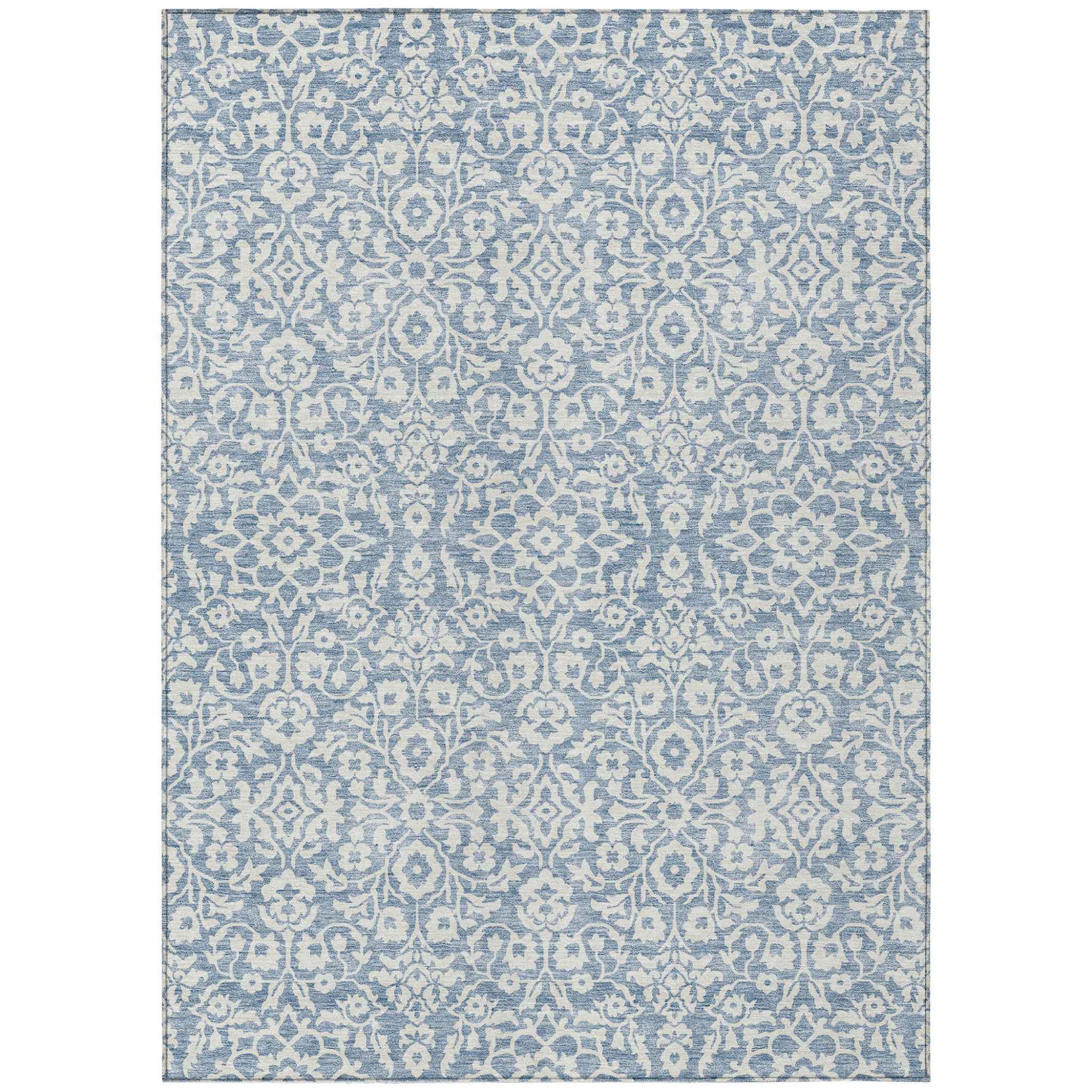 10' X 14' Denim Blue And Ivory Damask Washable Indoor Outdoor Area Rug