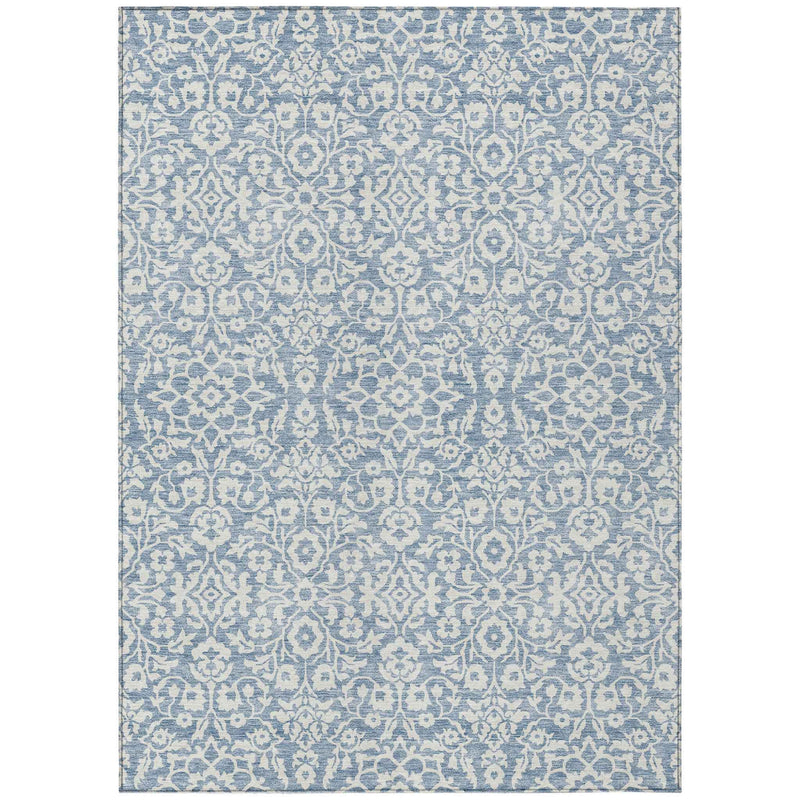 10' X 14' Denim Blue And Ivory Damask Washable Indoor Outdoor Area Rug