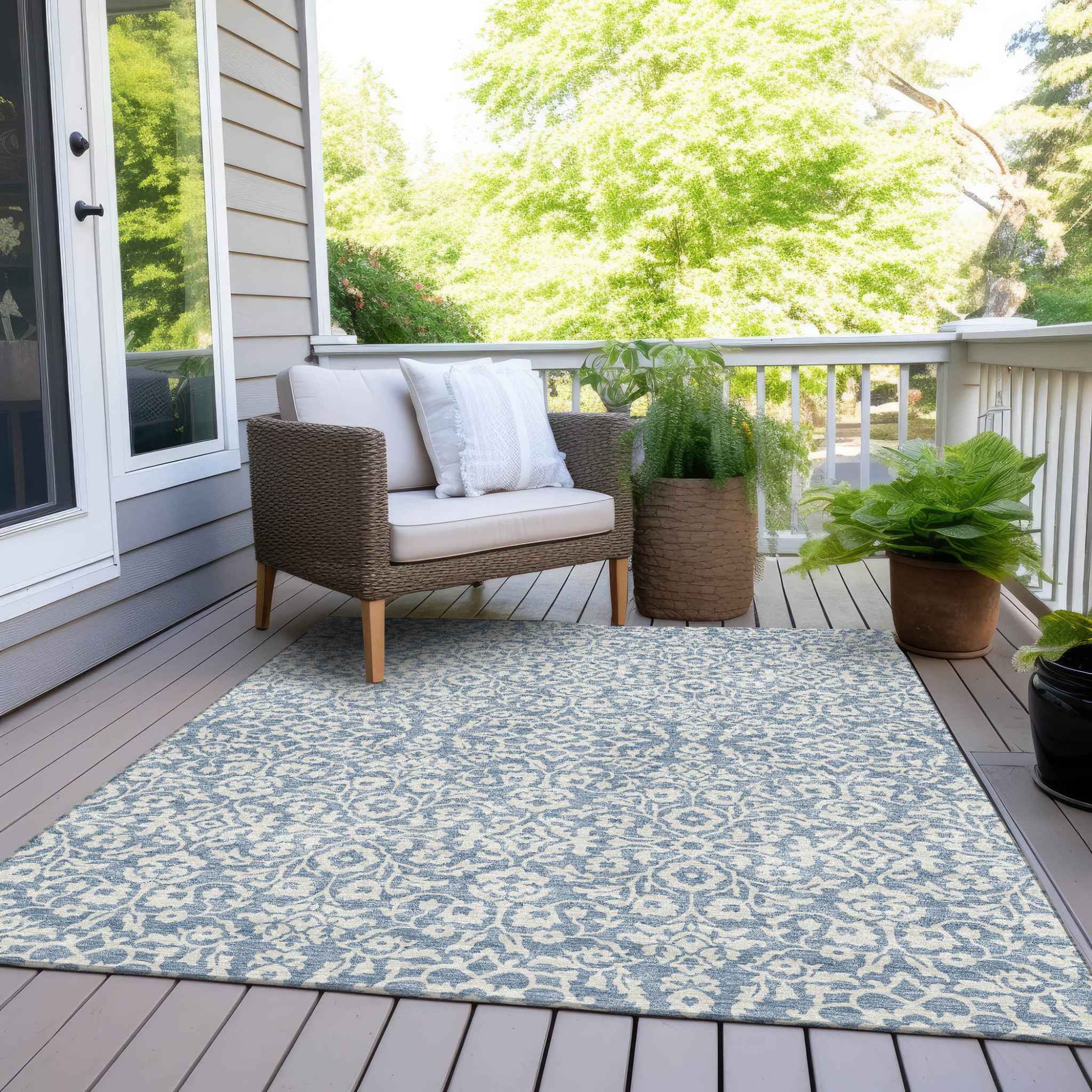10' X 14' Denim Blue And Ivory Damask Washable Indoor Outdoor Area Rug