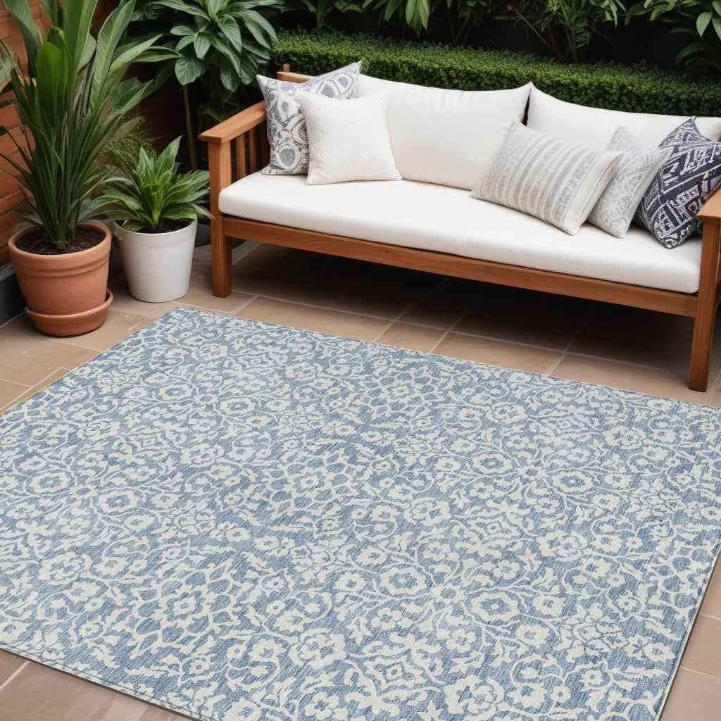 10' X 14' Denim Blue And Ivory Damask Washable Indoor Outdoor Area Rug