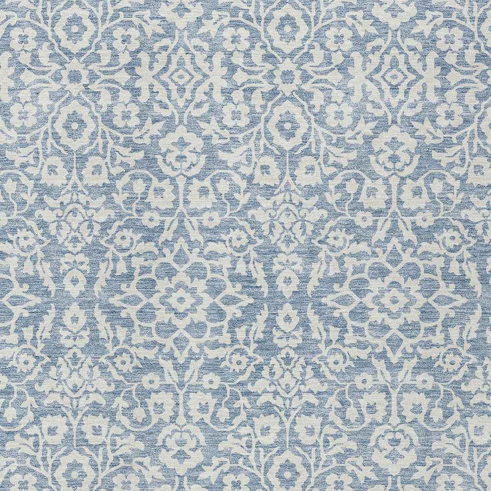 10' X 14' Denim Blue And Ivory Damask Washable Indoor Outdoor Area Rug