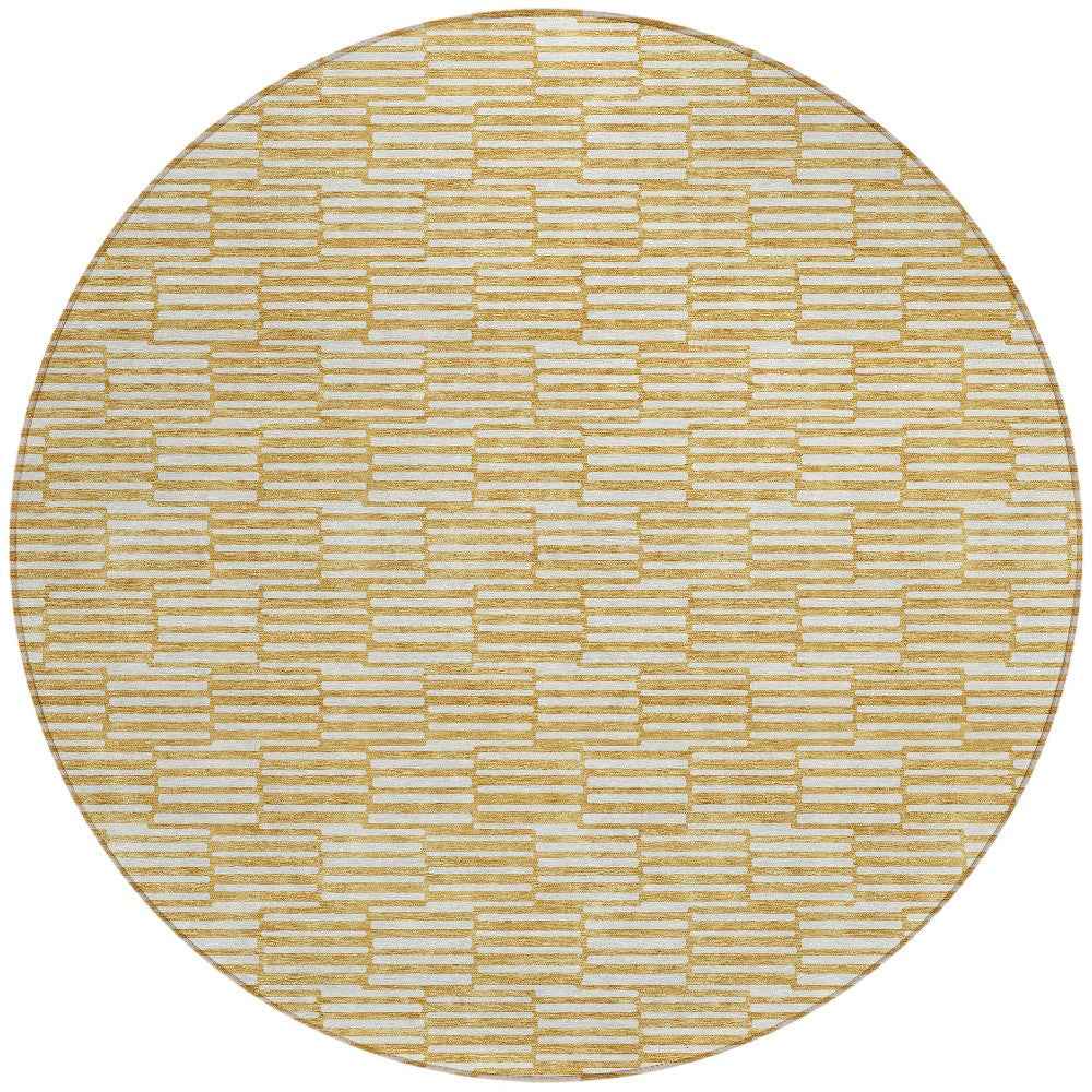 8' Gold And Beige Round Geometric Washable Indoor Outdoor Area Rug