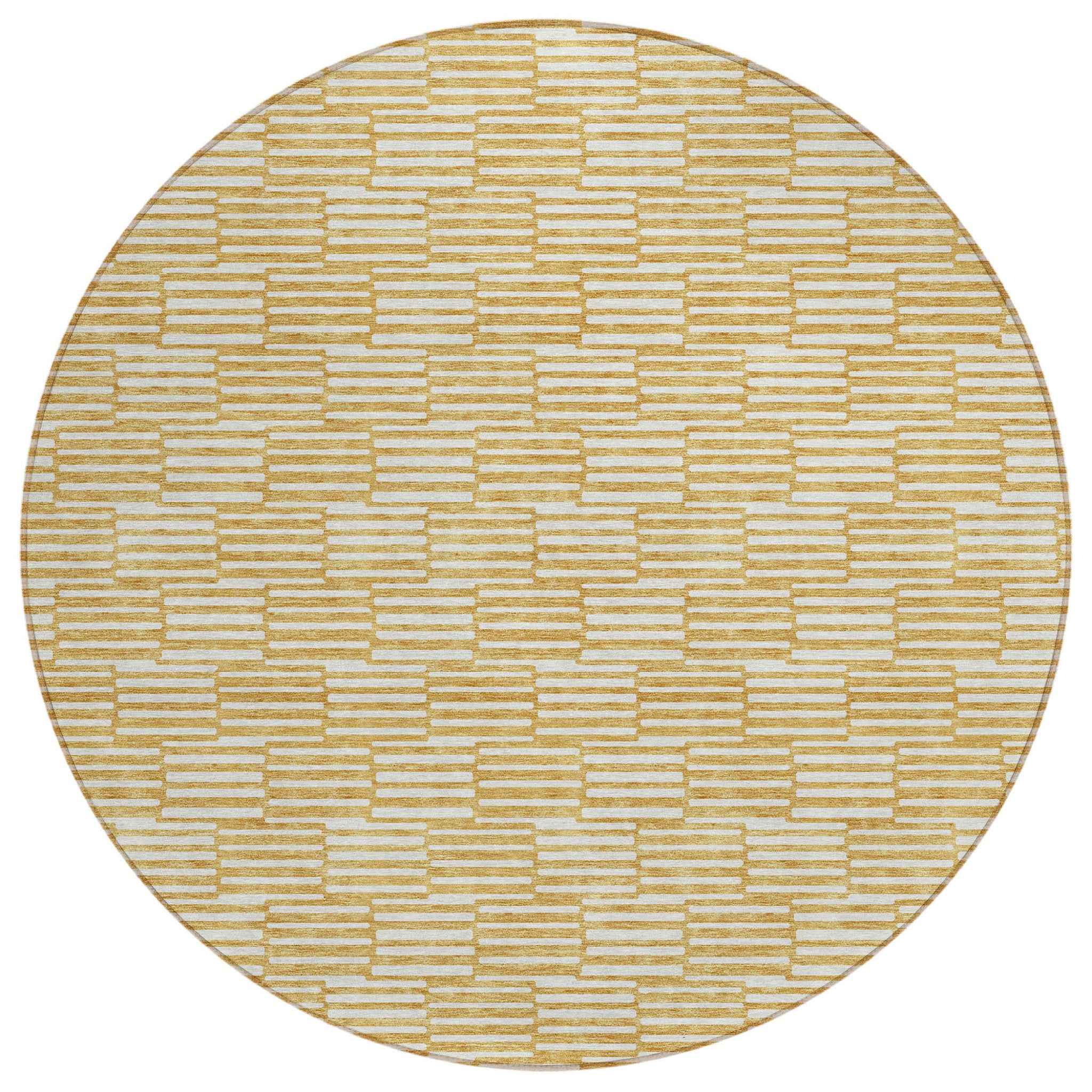 8' Gold And Beige Round Geometric Washable Indoor Outdoor Area Rug