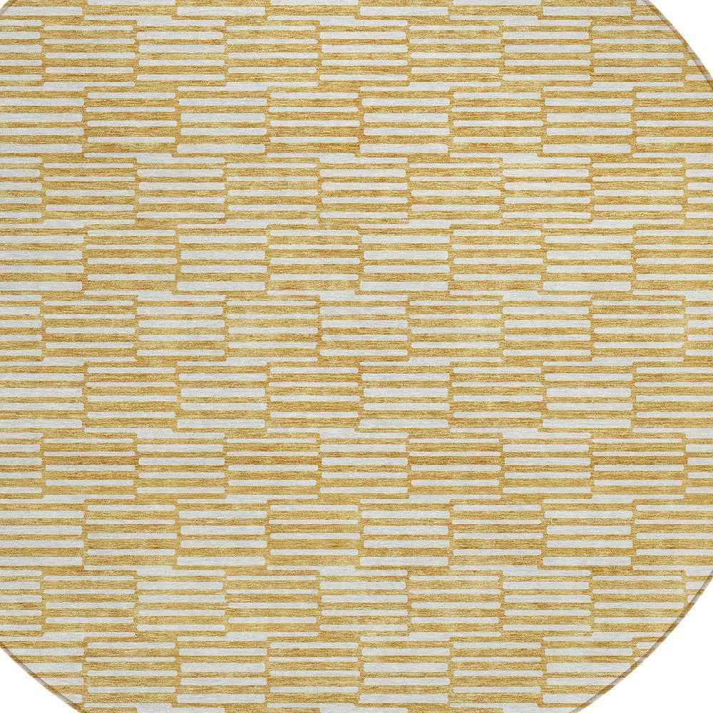 8' Gold And Beige Round Geometric Washable Indoor Outdoor Area Rug