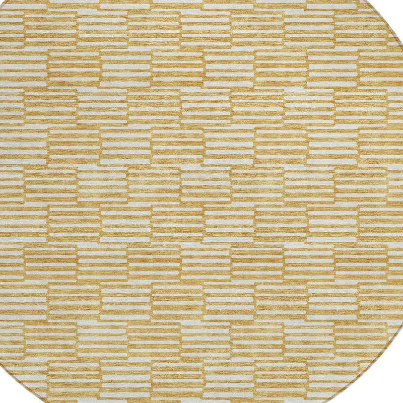 8' Gold And Beige Round Geometric Washable Indoor Outdoor Area Rug
