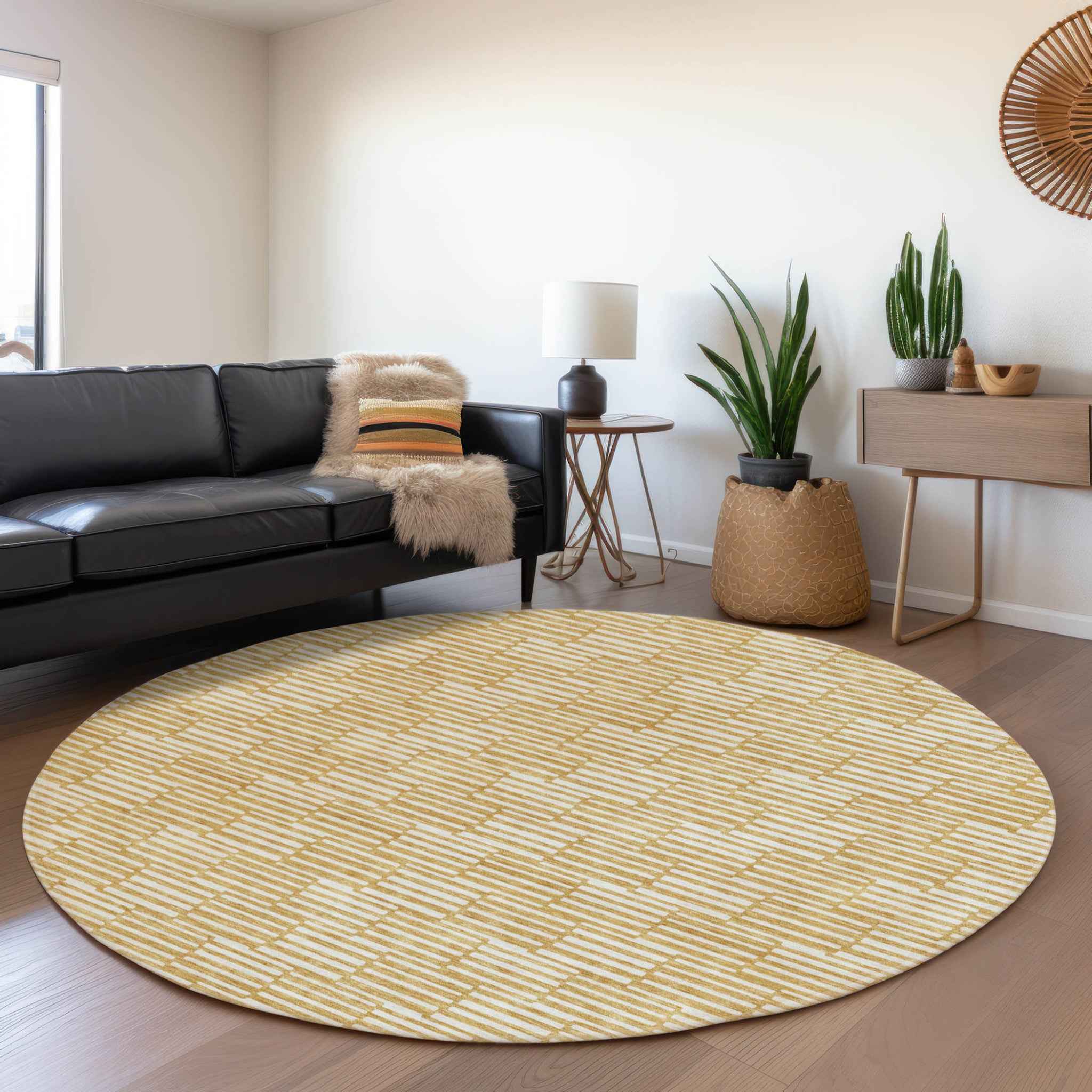 8' Gold And Beige Round Geometric Washable Indoor Outdoor Area Rug