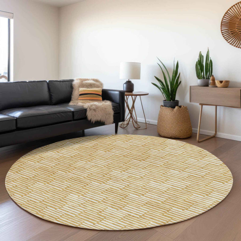 8' Gold And Beige Round Geometric Washable Indoor Outdoor Area Rug