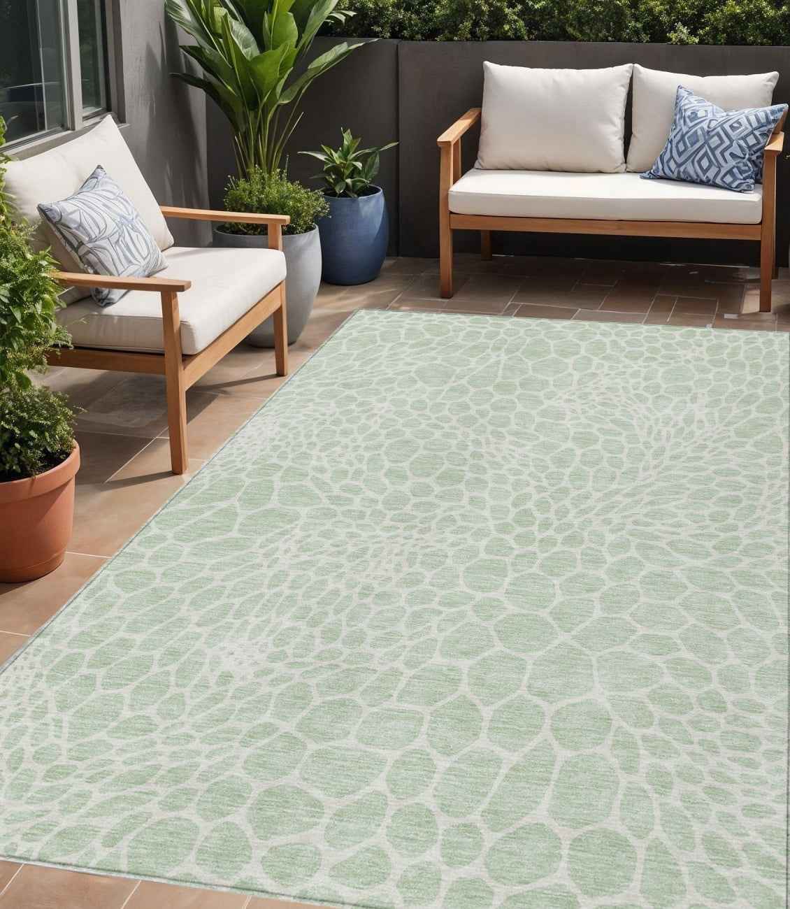 5' X 8' Mint Green And Ivory Geometric Washable Indoor Outdoor Area Rug