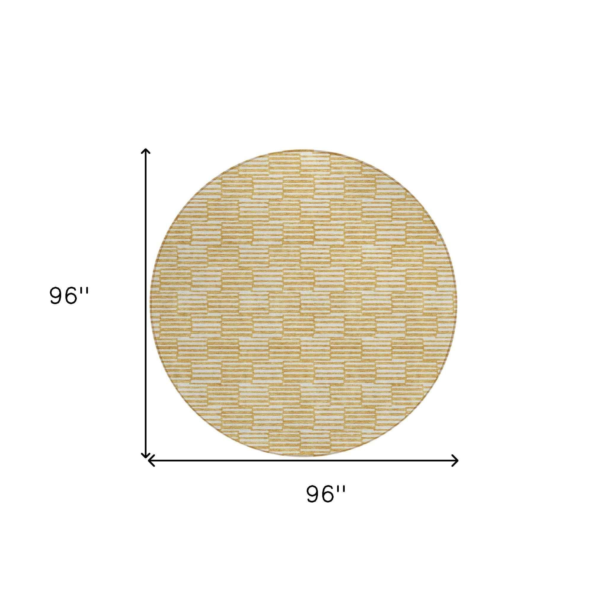 8' Gold And Beige Round Geometric Washable Indoor Outdoor Area Rug