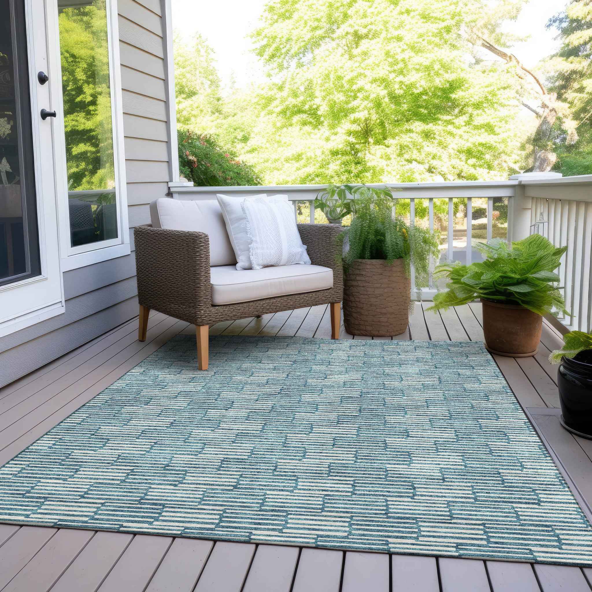 8' X 10' Teal Blue And Ivory Geometric Washable Indoor Outdoor Area Rug