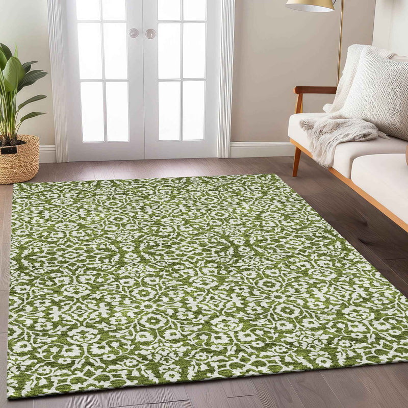 10' X 14' Olive Green And Ivory Damask Washable Indoor Outdoor Area Rug