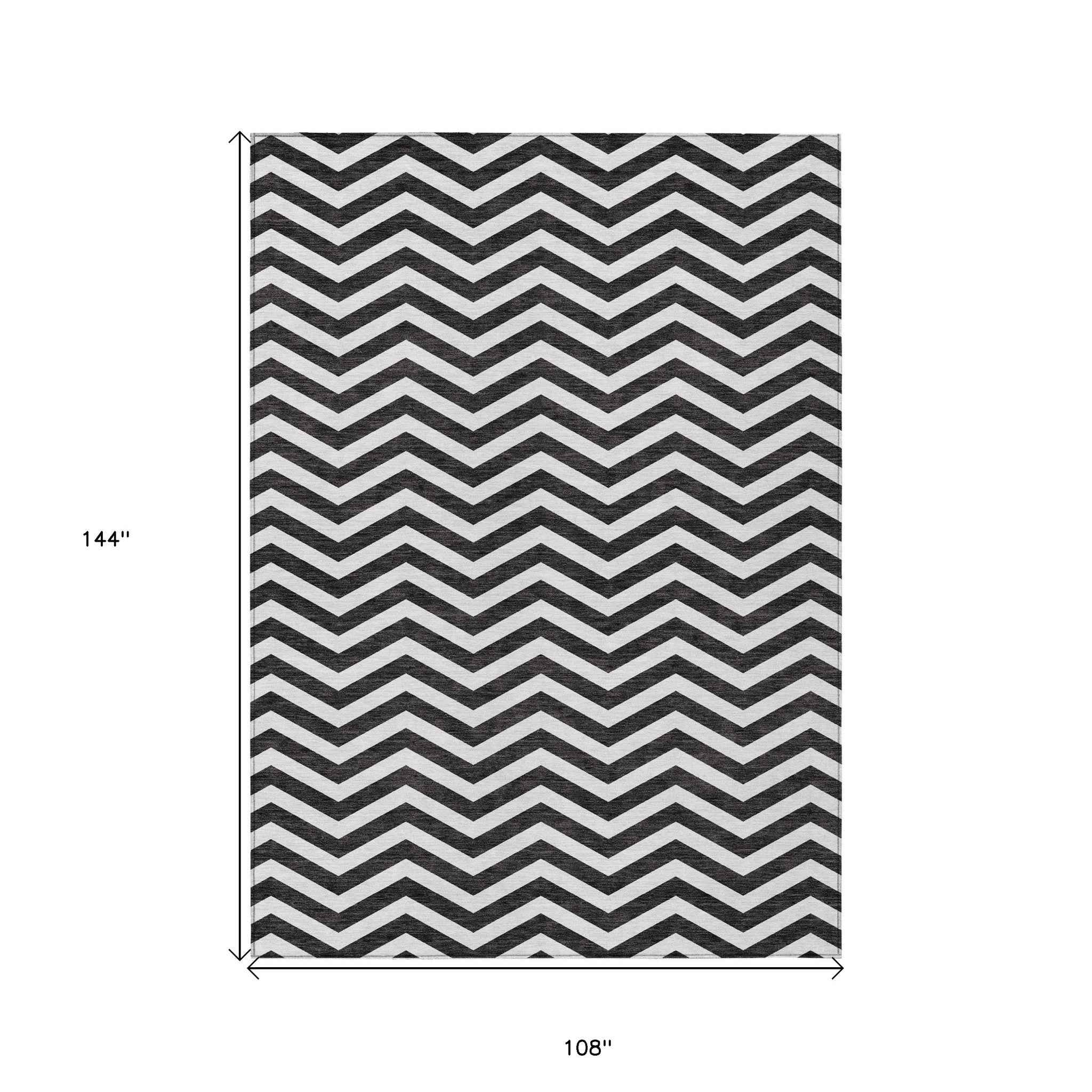 9' X 12' Black And Ivory Chevron Washable Indoor Outdoor Area Rug
