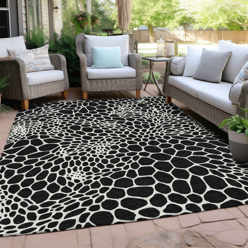 3' X 5' Black And Ivory Geometric Washable Indoor Outdoor Area Rug