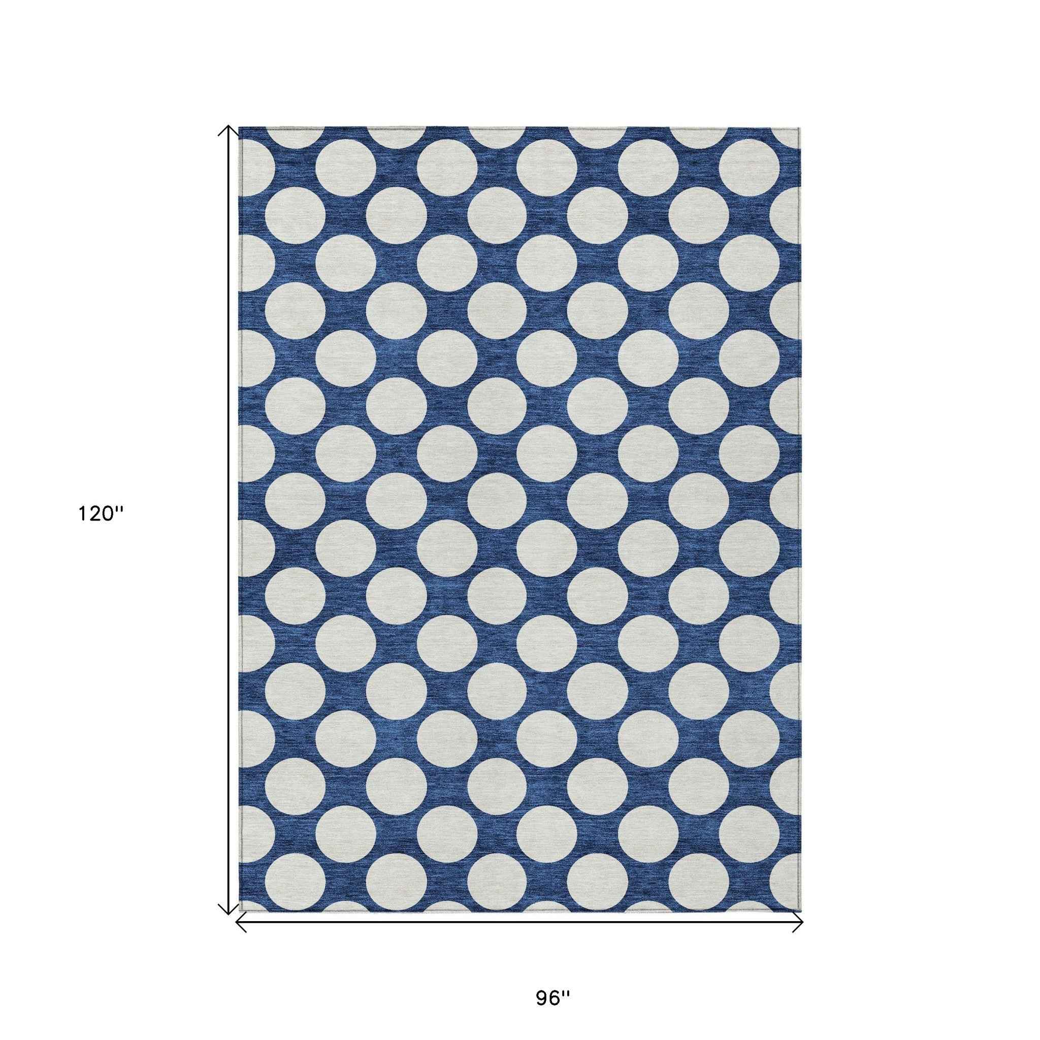 8' X 10' Navy Blue And Ivory Polka Dot Washable Indoor Outdoor Area Rug