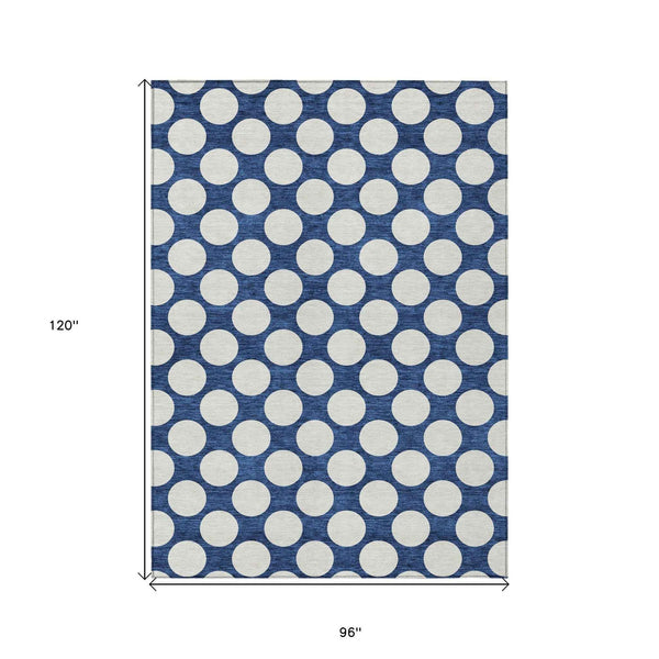 8' X 10' Navy Blue And Ivory Polka Dot Washable Indoor Outdoor Area Rug