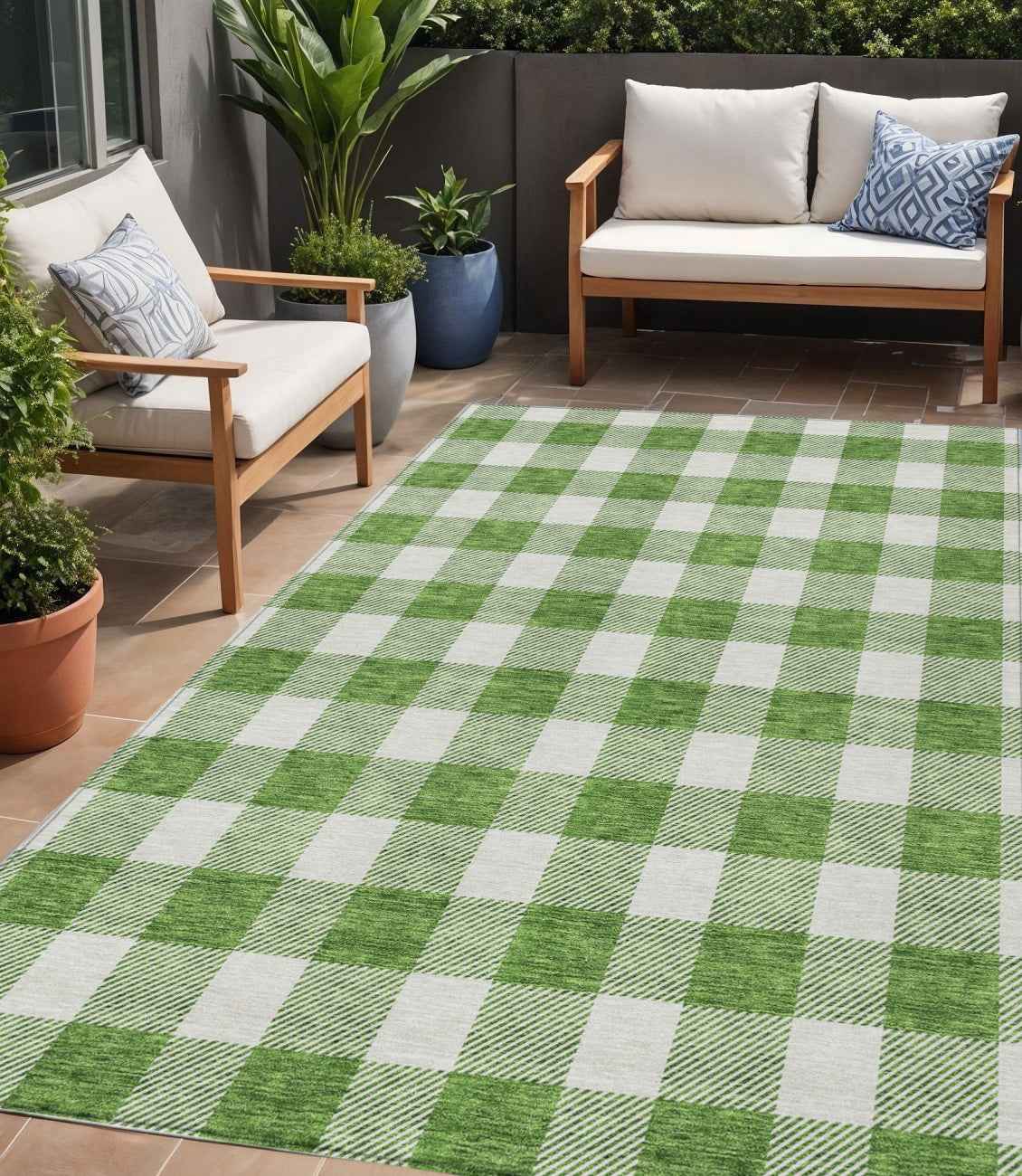 5' X 8' Green And Gray Plaid Washable Indoor Outdoor Area Rug