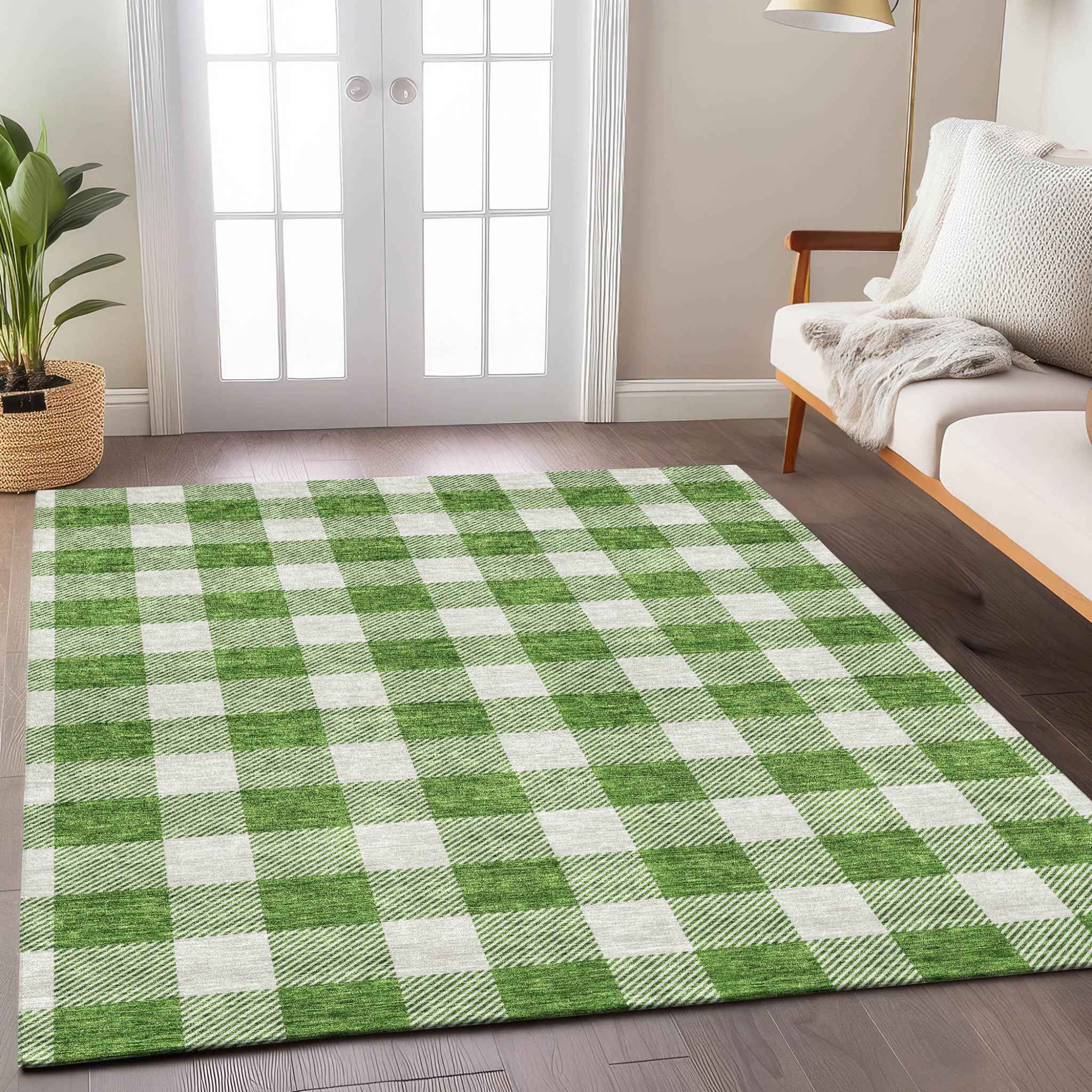 5' X 8' Green And Gray Plaid Washable Indoor Outdoor Area Rug