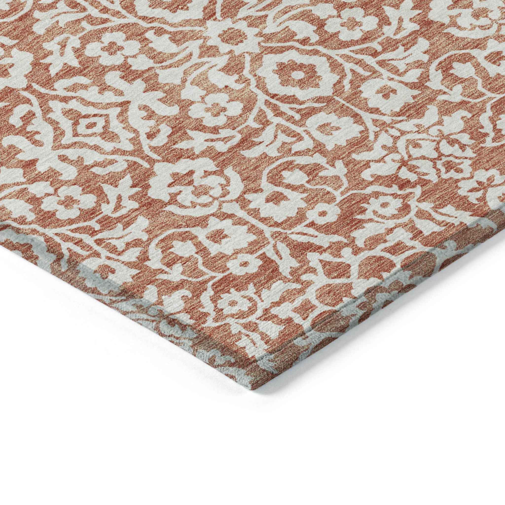 5' X 8' Coral And Ivory Damask Washable Indoor Outdoor Area Rug