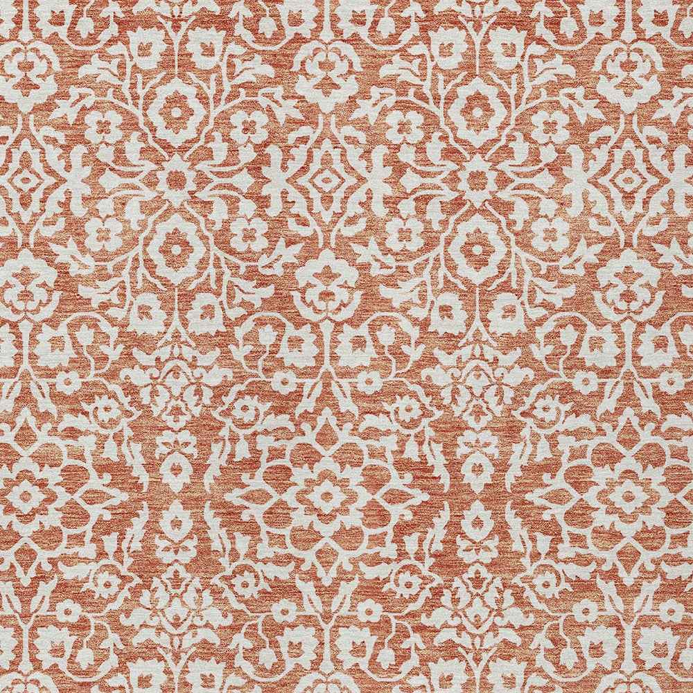 5' X 8' Coral And Ivory Damask Washable Indoor Outdoor Area Rug